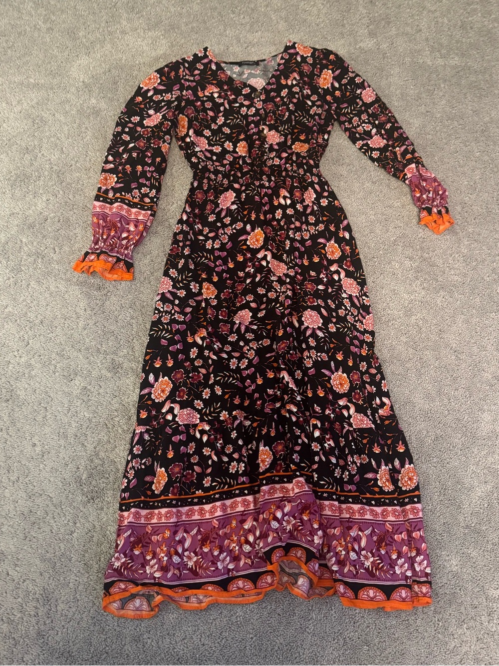 Amazon Black Floral Long Sleeve Maxi Dress - Pink & Orange Floral Print sz small